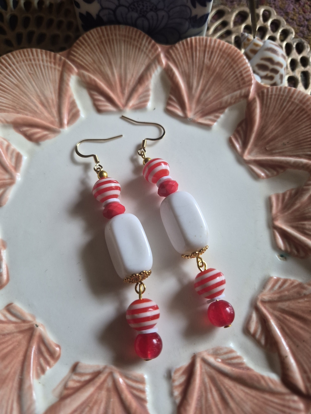 Gold-Tone Red and White Beaded Dangle Earrings
